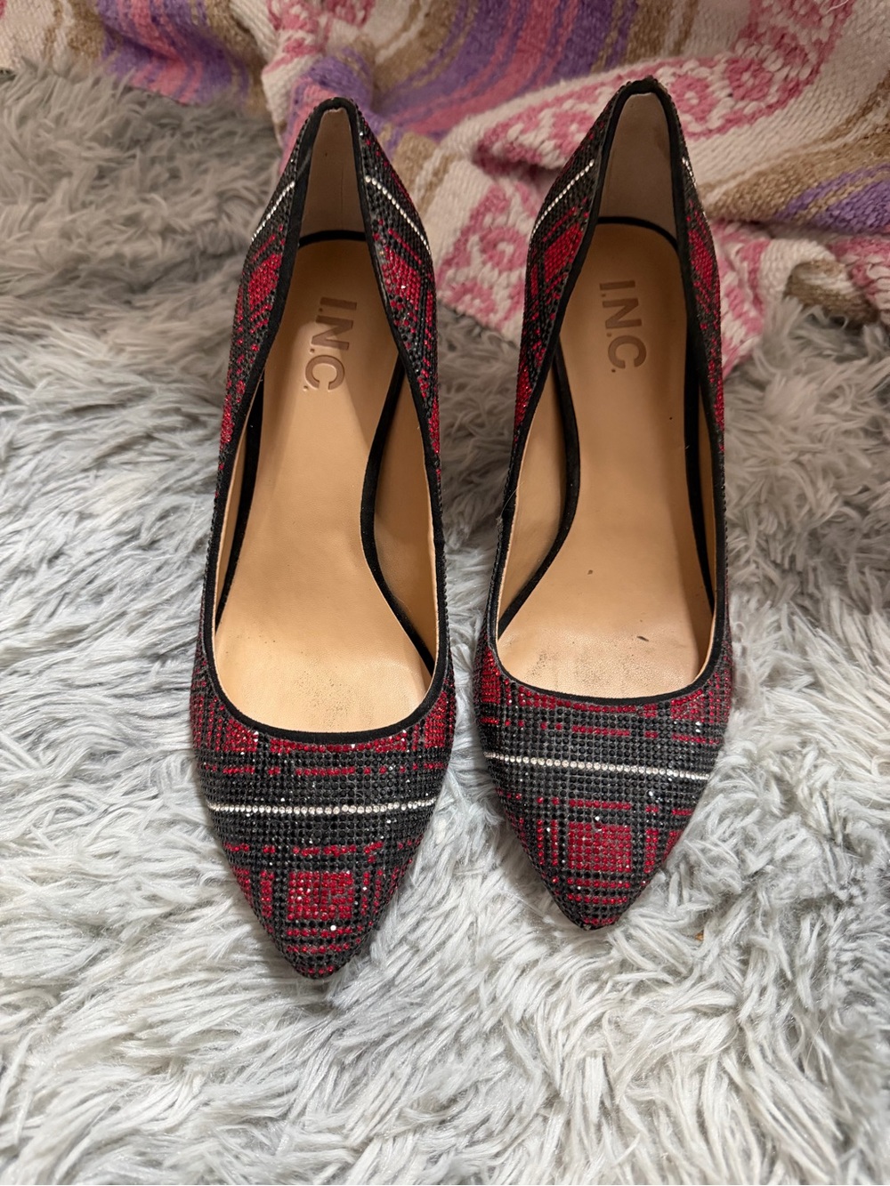 INC International Concepts Red and Black Plaid Pointed-Toe Pumps